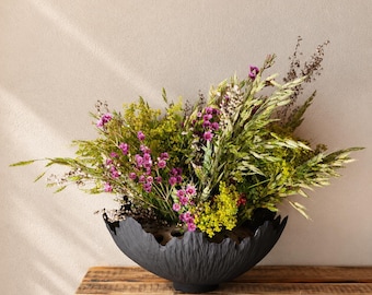 Ceramic Centerpiece Bowl with Stem-Holding Inlay, Dining Table, Black Gold
