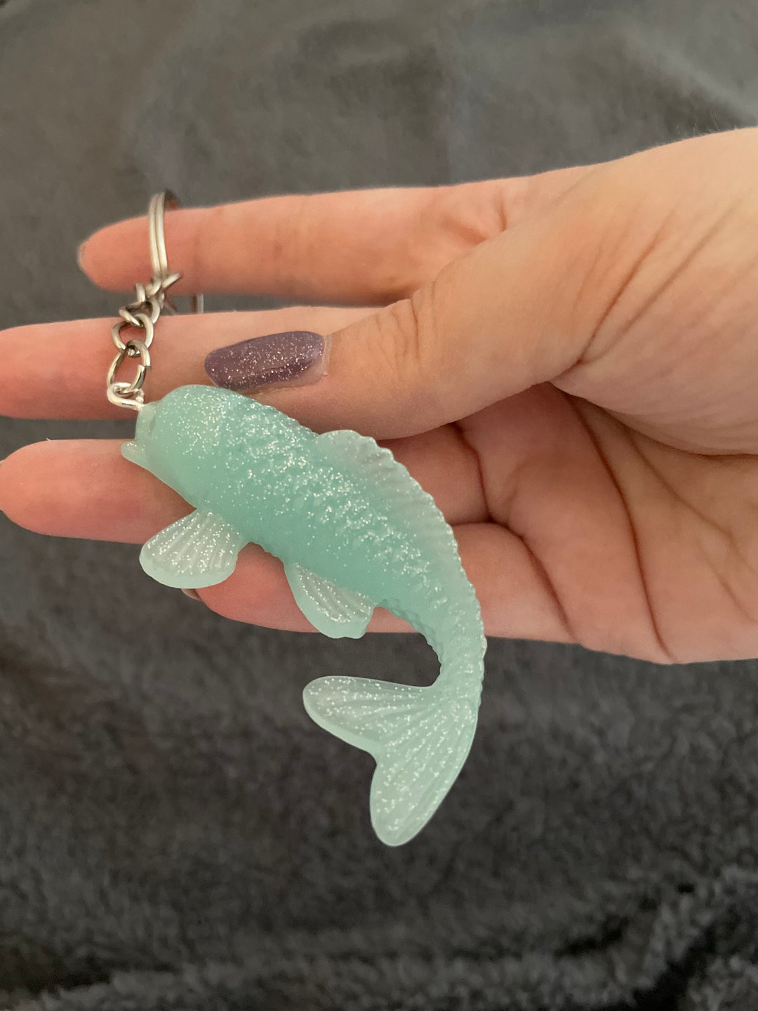 Koi Fish Handmade Epoxy Resin Keyring, Large, Light Green and Silver ...