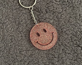 Smiley Face Resin Keyring, Red Glitter