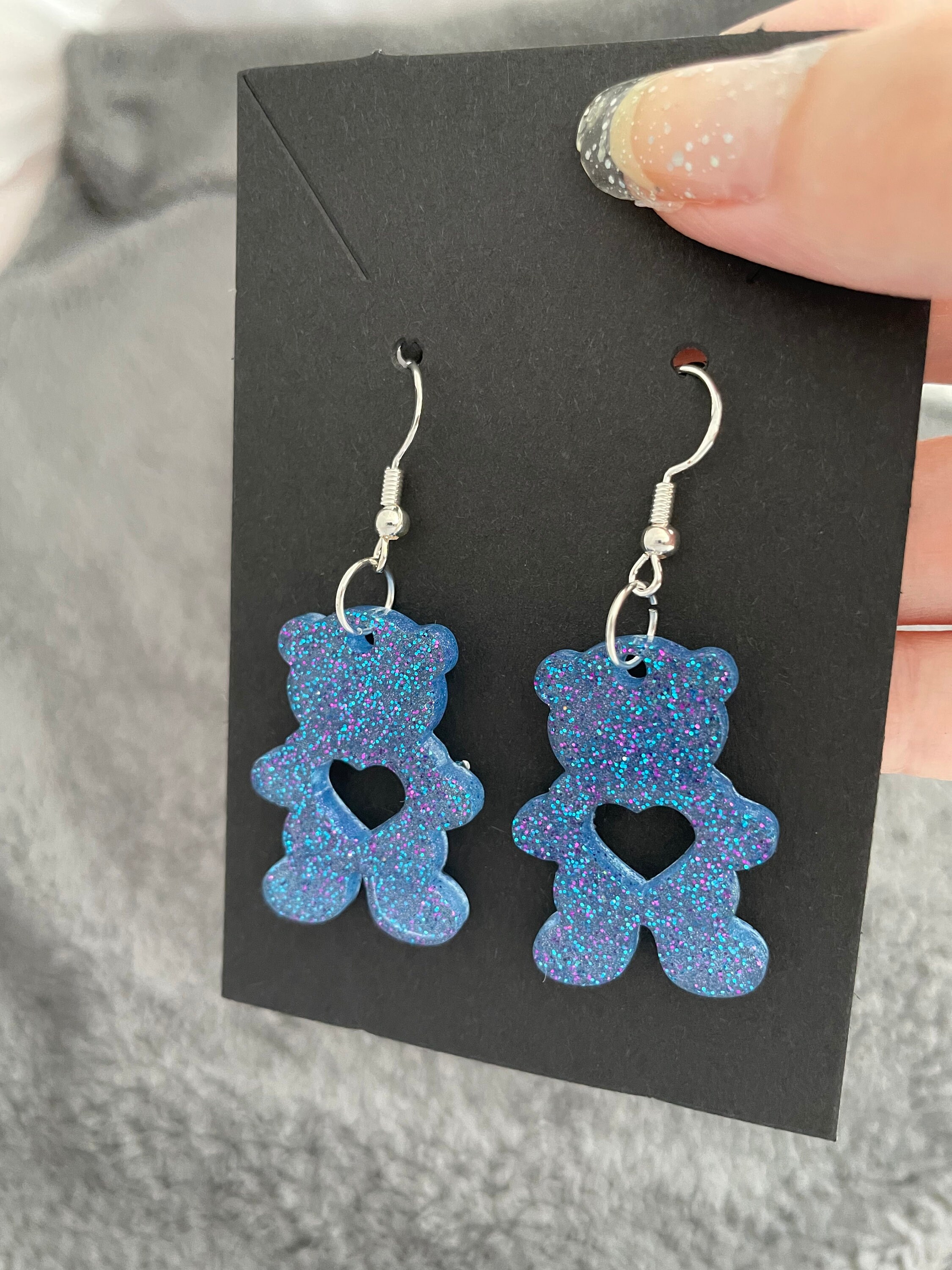 Teddy Bear Hearts Handmade Epoxy Resin Dangle Earrings, Blue and