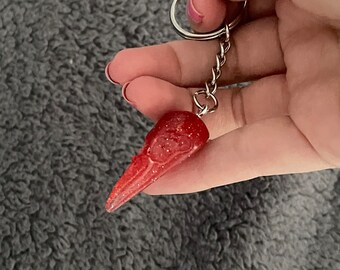 Raven Skull Resin Keyring, Red Glitter