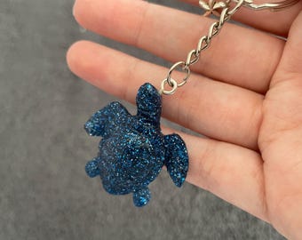 Turtle Handmade Epoxy Resin Keyring, Realistic, IMPERFECT, Dark Blue Fine Glitter