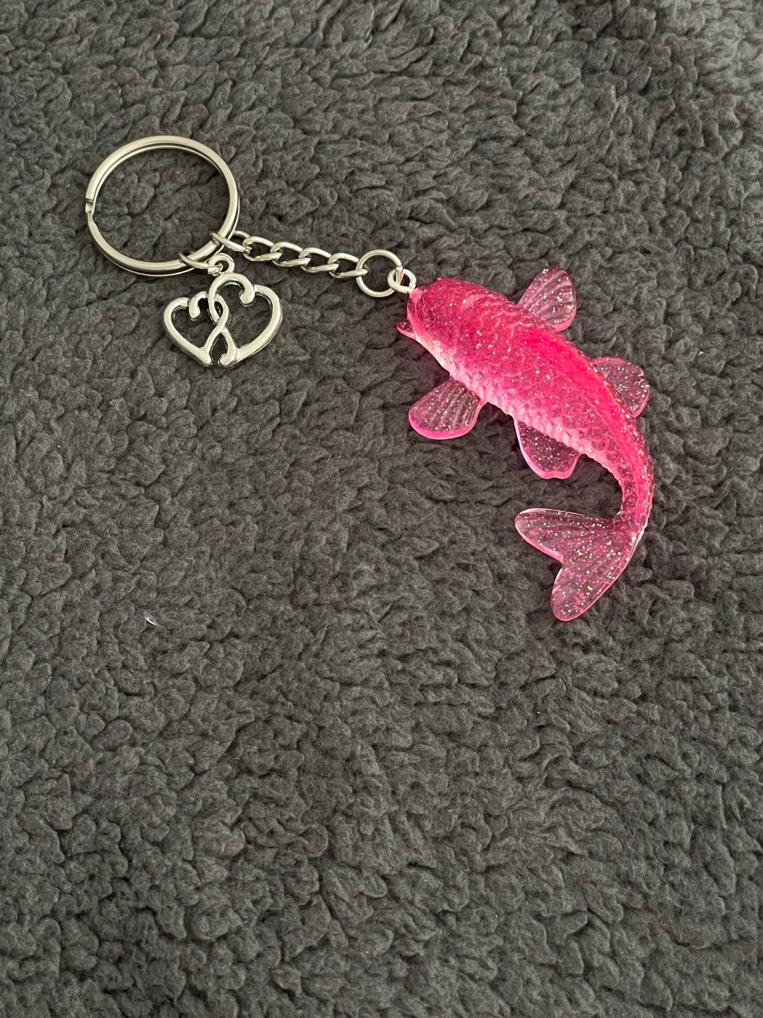 Koi Fish Handmade Epoxy Resin Keyring, Large, Bright Pink Fine Glitter ...