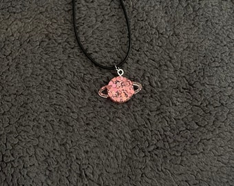 Planet Resin Necklace, Saturn, Small, Pink Glitter