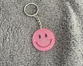 Smiley Face Resin Keyring, Pink Glitter