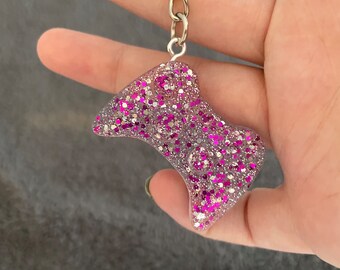 Gaming Controller Handmade Epoxy Resin Keyring, Chunky, Purple and Silver Chunky Glitter