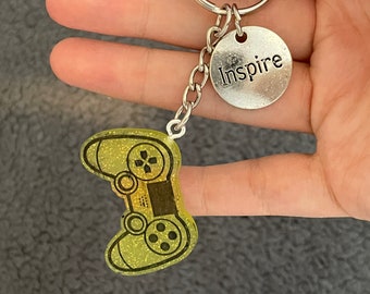 Gaming Controller Handmade Epoxy Resin Keyring, Small, Yellow Fine Glitter