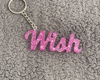 Word Resin Keyring, Wish, Pink Glitter