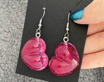 Heart Resin Earrings, Chunky, Pink Glitter