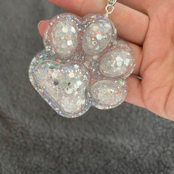 Paw Print Resin Keyring, Extra Large, Shiny, Silver and White Glitter
