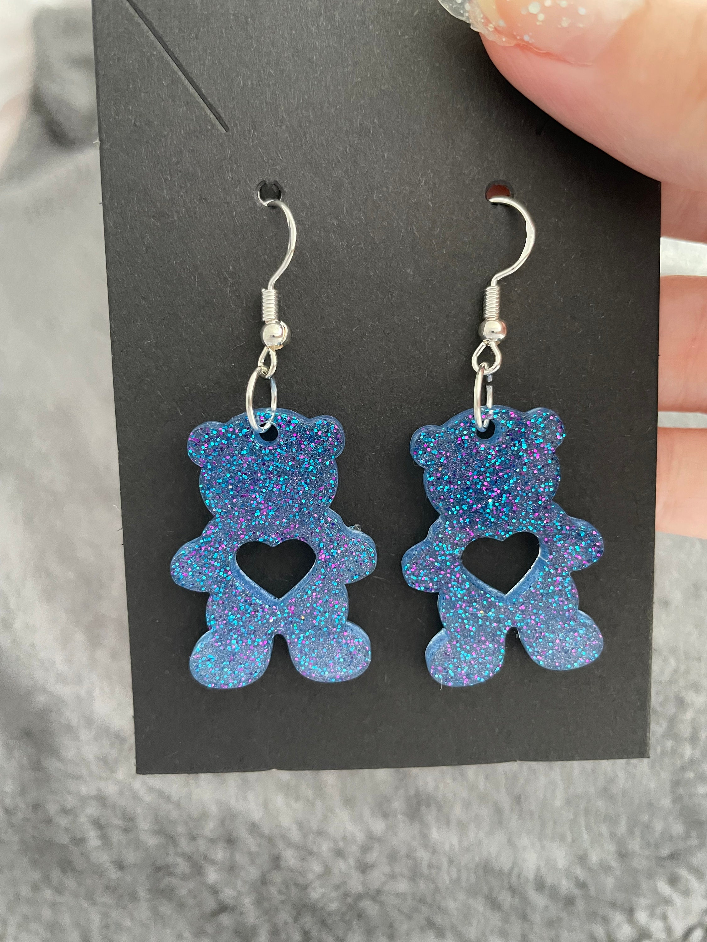 Teddy Bear Hearts Handmade Epoxy Resin Dangle Earrings, Blue and