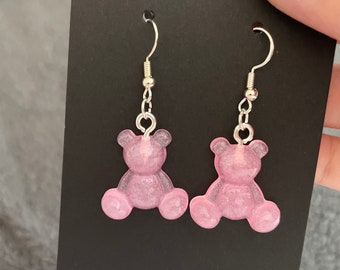 Teddy Bear Resin Earrings, Pink Shimmer
