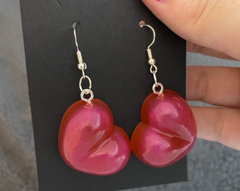 Heart Resin Earrings, Chunky, Red Shimmer