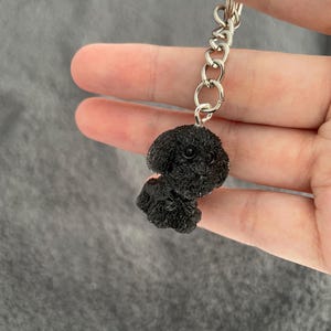 以下が含まれることがあります： シルバーのキーリングとチェーンが付いた、黒いプードルのキーホルダー。 小さな犬のフィギュアは、質感のあるカールした外観をしています。 キーホルダーは、柔らかい灰色の背景に対して保持されています。