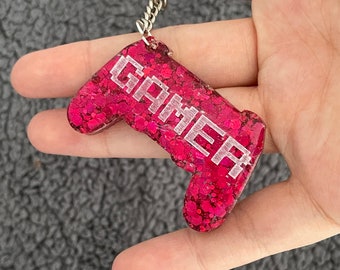 Gaming Controller Handmade Epoxy Resin Keyring, Large, Bright Pink Chunky Glitter