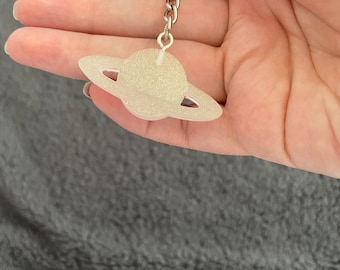 Planet Resin Keyring, Saturn, White Glitter