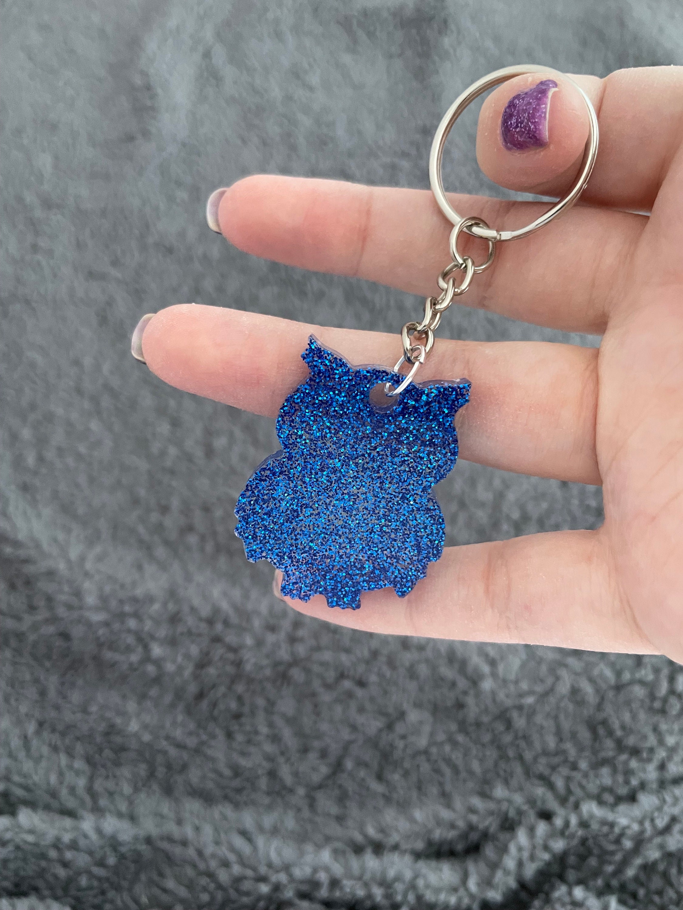 Owl Handmade Epoxy Resin Keyring, Small, Dark Blue Fine Glitter
