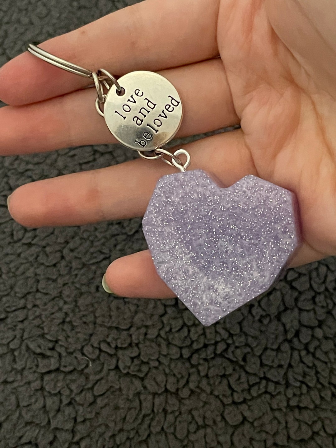 Purple Keyring Heart Handmade Epoxy Resin Keyring, Geometric, Purple and Silver Fine ...