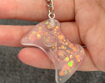 Gaming Controller Handmade Epoxy Resin Keyring, Chunky, Light Pink Chunky Glitter