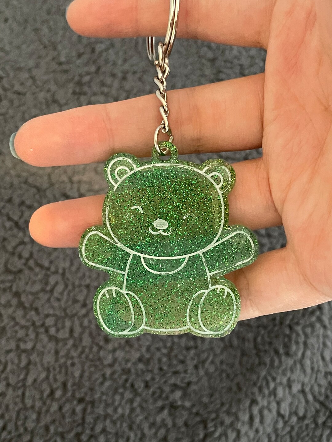 Teddy Bear Handmade Epoxy Resin Keyring, Flat, Dark Green Fine