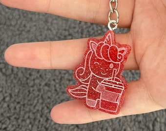 Unicorn Coffee Cup Resin Keyring, Red Glitter