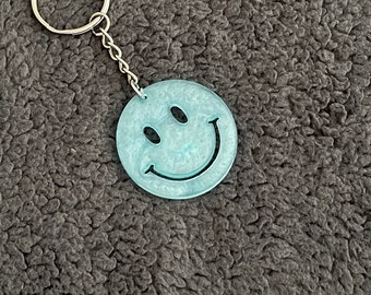 Smiley Face Resin Keyring, Light Blue Shimmer