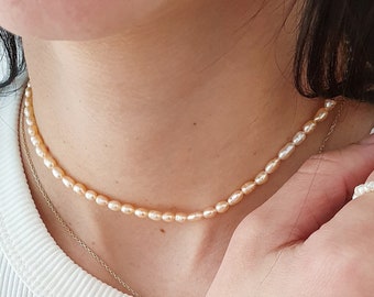 Tiny Rice Pearl Necklace, Natural Freshwater Pearl Choker, Gold Minimalist Necklace, Dainty Small Pearl Choker Necklace, Adjustable Choker