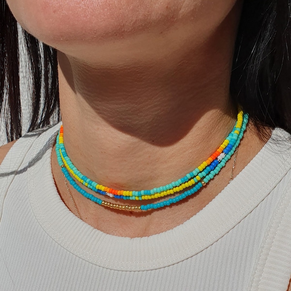 Rainbow Bead Necklace Multicolored Beaded Choker Mixed Bead Necklace Bright Color Choker Pride Necklace Layering Jewelry 24K Gold Silver