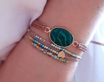 Perlen Armbänder mit Malachit Edelstein im Makramee Stil und größenverstellbare Handarbeit