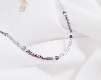 Multi Gemstone Necklace Blue Sapphire Choker Seed Bead Necklace Delicate Gemstone Minimalist Crystal Necklace Bright Color Jewelry 24K Gold