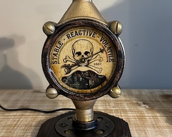 Steampunk Gauge Lamp - B.M.C. 1902 Prop, Brass & LED Glow, Industrial Art Display, Mad Scientist Decor