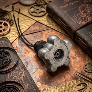 May include: A steampunk-themed composition featuring a silver valve with "OPEN" text, wires, gears, and a leather-bound journal. The background has a copper and brass surface, with watch parts and springs.