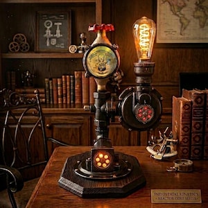 Volatile Skull Gauge Steampunk Lamp - Reactive Moving Needle Edison Bulb Desk Light - Black Bronze Industrial Pipe Lamp