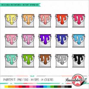 Puede incluir: Ilustración digital de 15 cubos de pintura de diferentes colores, con pintura goteando de cada uno. La imagen incluye el texto "DESCARGA INSTANTANEA - INSTANT DOWNLOAD" y "PAINTPOT- PNG / SVG - 300 DPI - 20 COLORS".