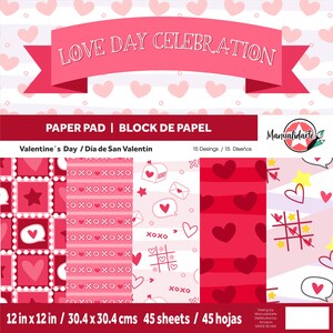 May include: A Valentine's Day paper pad with various red and pink heart patterns, stars, and the text "LOVE DAY CELEBRATION." The pad measures 12 x 12 inches and contains 45 sheets. Includes designs with XOXO and heart motifs.