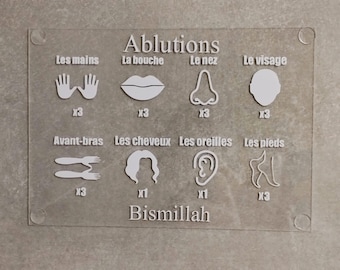 Ablutions sur plexiglass / Apprentissage ablutions enfants / ablutions islam  / prière / décoration murale religieuse /couleur noir or blanc