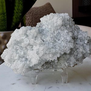 May include: A large, light blue-grey fluorite crystal cluster with a crystalline structure. The mineral specimen is displayed on a clear acrylic stand, showcasing its natural form and texture. The background includes a potted plant and a textured pillow.