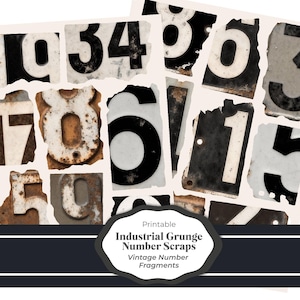 Può includere: Ritagli di numeri grunge industriali stampabili con frammenti di numeri vintage. L'immagine mostra pezzi di carta strappati con numeri in bianco e nero, con un aspetto invecchiato e usurato. I numeri includono 1, 3, 4, 5, 6, 7, 8, 9 e 0.