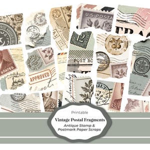 May include: A collection of vintage postal fragments, including antique stamps and postmark paper scraps. The fragments feature faded colors, torn edges, and various designs, such as floral motifs, portraits, and text. The image includes the text "Vintage Postal Fragments".