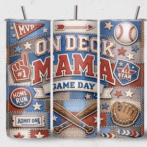 On Deck Mama Tumbler Wrap PNG, honkbalsublimatieontwerp, 20oz rechte beker, retro patchwork Game Day Wrap