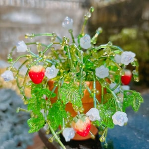 Handmade Strawberry Beaded Plant Suncatcher, Terracotta Pot, Boho Decor, Plant Lover Gift