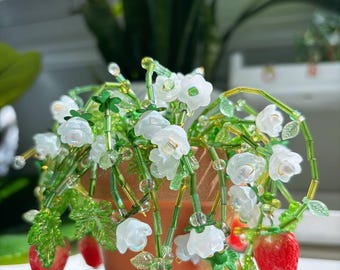 Handmade Strawberry Beaded Plant Suncatcher, Terracotta Pot, Boho Decor, Plant Lover Gift