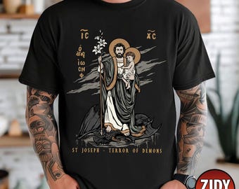 Saint Joseph Terror Of Demons Shirt, Christian T-shirt, Saint Joseph the Worker Tee, Traditional Catholic Shirt, Gift for Him