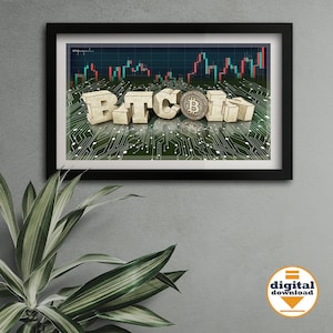 Könnte beinhalten: Eine digitale Illustration des Wortes "Bitcoin" in 3D, mit einem Bitcoin-Symbol in der Mitte. Der Hintergrund ist dunkelblau mit einem grünen Schaltkreis-Muster und einem rot-grünen Candlestick-Chart.