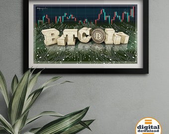 Descarga digital Bitcoin Crypto Art, Bitcoin Wall Art, Criptomoneda imprimible, Descarga instantánea, Regalo para él, Blockchain Art, decoración del hogar