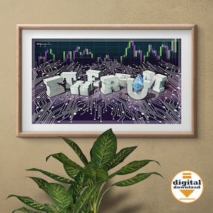 May include: A digital illustration of the word "Ethereum" in 3D, with a purple and blue Ethereum logo in the centre. The background is a dark blue with a circuit board pattern and a green and purple candlestick chart.