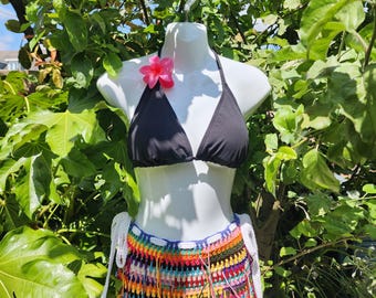 Handmade Crochet Rainbow Stripe Beach Shorts, Swimsuit Cover Up