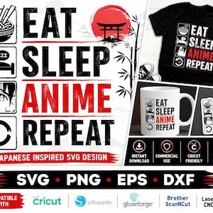 Eat Sleep Anime Repeat SVG, Retro Manga Quote PNG, Otaku Ramen Lover Cricut File, Japanese Anime Shirt Design