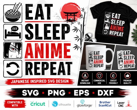 Eat Sleep Anime Repeat SVG, Retro Manga Quote PNG, Otaku Ramen Lover Cricut File, Japanese Anime Shirt Design