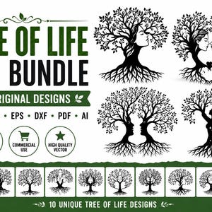 May include: A digital graphic bundle titled TREE OF LIFE SVG BUNDLE featuring 10 original designs. The image displays black silhouettes of trees integrated with human profiles and figures, alongside file format icons and a row of 10 small tree icons.